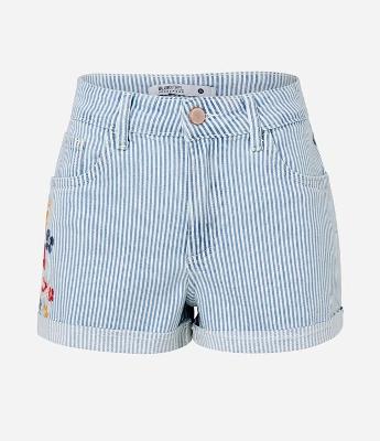 Short Jeans Listrado com Bordado Floral e Barra Dobrada