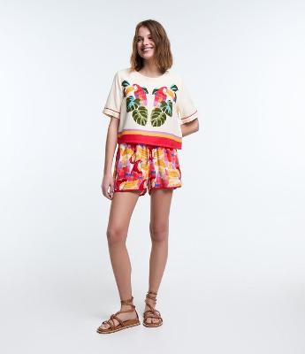 Short Runner em Viscose com Linho e Estampa Araras