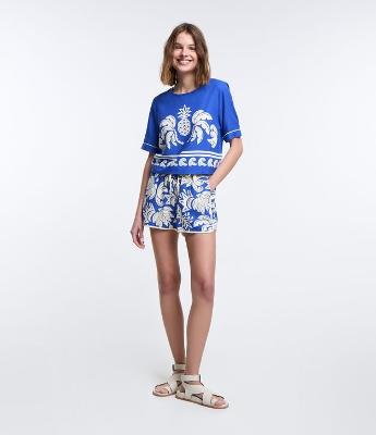Short Runner em Viscose com Linho e Estampa Frutinhas
