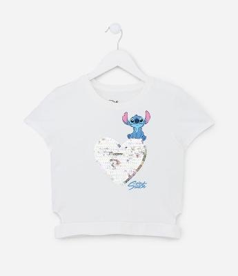 Camiseta Curta Infantil com Recorte e Bordado do Stitch - Tam 5 a 14 Anos