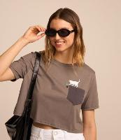 Camiseta Boxy em Algodão com Bolsinho Contrastante e Gatinho - 1