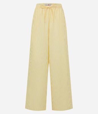 Calça Wide Leg em Tricoline com Listras em Fio Tinto