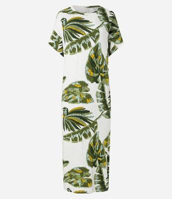 Vestido Reto Midi em Viscose com Folhagens Estampadas