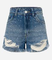 Short Cintura Alta em Jeans com Rasgos e Barra Desfeita - 1