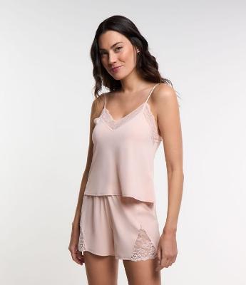 Pijama Short Doll Alcinha em Poliamida com Detalhes Rendados