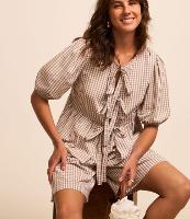 Blusa em Tricoline Xadrez Vichy com Manga Bufante - 2