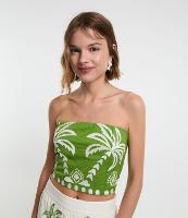 Blusa Cropped Sem Alça em Tricoline com Estampa Coqueiros - 1
