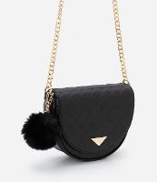 Bolsa Meia Lua Pequena com Textura Matelassê e Alça de Corrente com Pompom - 1