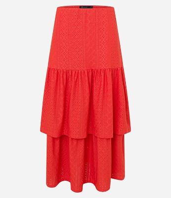 Saia Midi Evasê em Laise com Babados na Barra