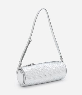 Bolsa Baguete Pequena Cilíndrica e com Efeito Metalizada