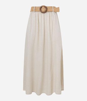 Saia Evasê Midi em Viscolinho com Cinto Fivela de Madeira