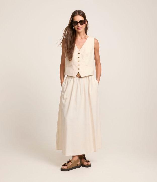 Saia Evasê Midi em Viscolinho com Cinto Fivela de Madeira - 3