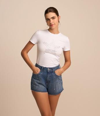 Short Cintura Alta em Jeans Tirinhas de Brilhos e Estrelas