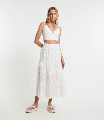 Saia Longa em Laise com Textura Floral e Babado na Barra