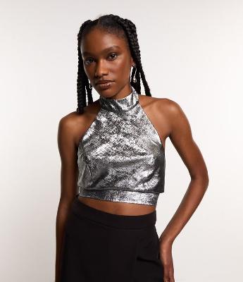 Blusa Cropped em Crepe Metalizado com Amarração nas Costas
