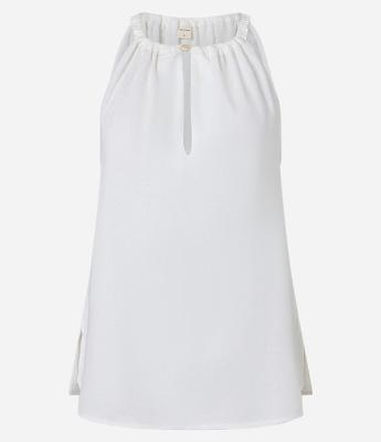 Blusa Regata em Viscolinho Gola com Abertura Franzida e Botão