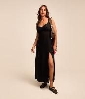 Vestido em Jeans com Alça Larga e Fenda Profunda - 1