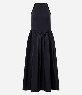 Vestido Sem Manga em Mix de Tecidos com Cintura V