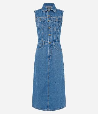 Vestido Longo em Jeans com Bolsos e Botões Frontais