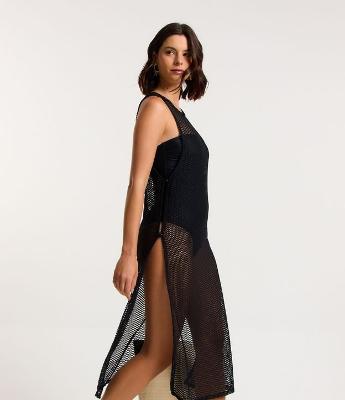 Saída de Praia Vestido em Poliamida com Texturas e Transparência