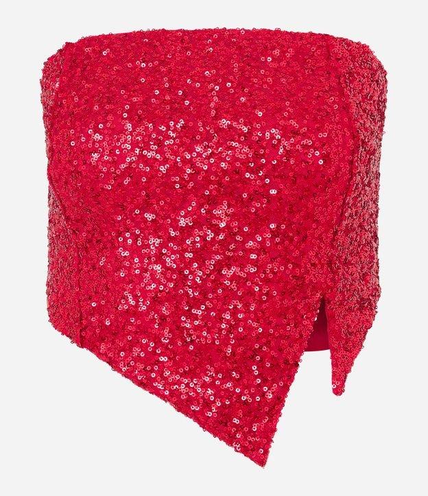 Blusa Cropped em Paetê Tomara Que Caia com Pontas Assimétricas e Recortes - 1