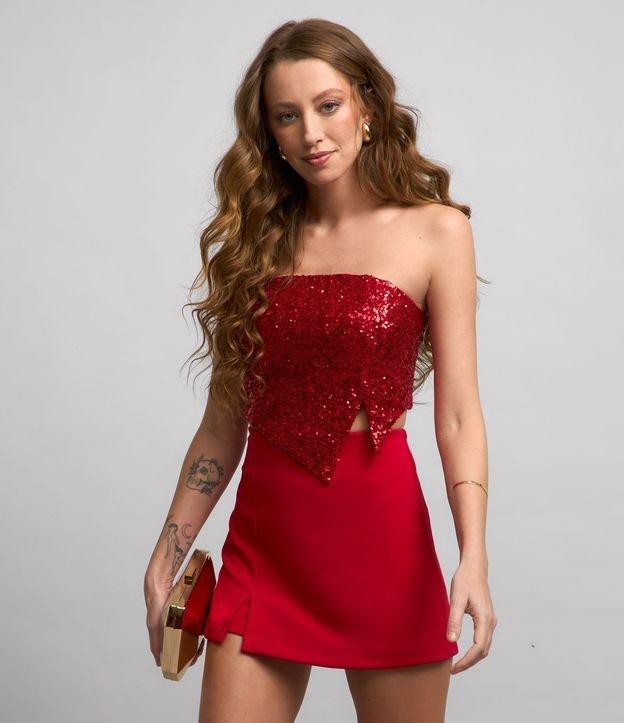 Blusa Cropped em Paetê Tomara Que Caia com Pontas Assimétricas e Recortes - 2