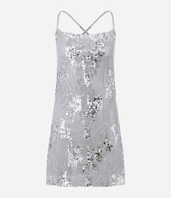 Vestido Curto em Paetê Metalizado com Decote Degagê
