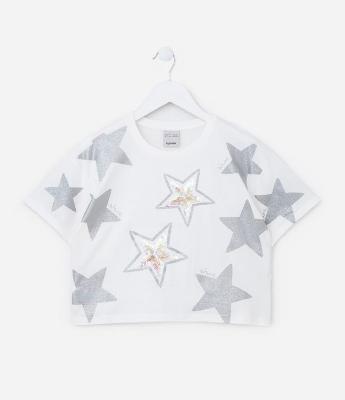 Blusa Cropped Infantil com Estampa de Estrelas - Tam 5 a 14 Anos