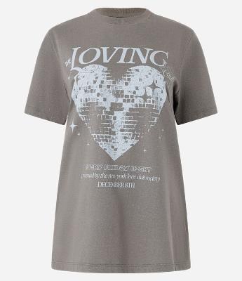 Camiseta Alongada em Algodão com Estampa Glitter Loving