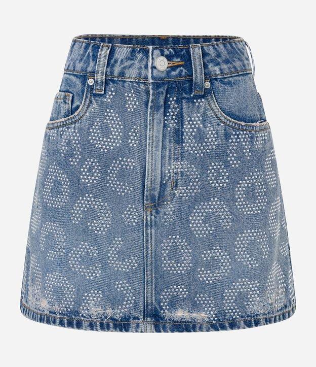 Saia Cintura Alta em Jeans Animal Print e Brilhos Aplicados - 1