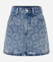 Saia Cintura Alta em Jeans Animal Print e Brilhos Aplicados - 1
