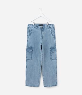 Calça Baggy Infantil em Jeans com Bolsos Cargo - Tam 5 a 14 Anos