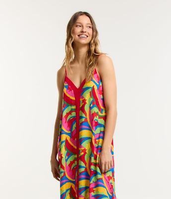 Vestido Midi em Viscose com Estampa com Pontas e Detalhe Contrastante