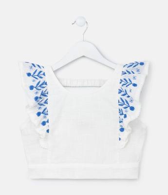 Blusa Cropped Infantil com Babados e Bordado Floral - Tam 5 a 14 Anos
