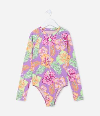 Maiô Infantil com Zíper e Estampa de Hibiscos - Tam 5 a 14 Anos