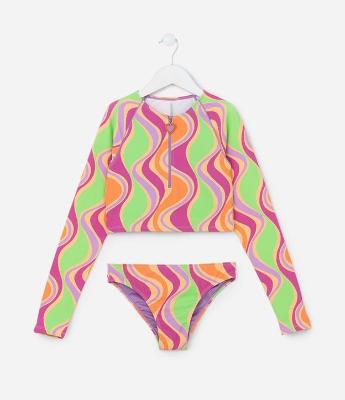 Biquíni Cropped Infantil com Estampa Ondas e Proteção UV - Tam 5 a 14 anos