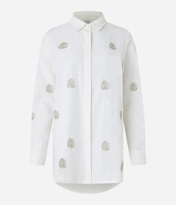 Camisa Alongada em Algodão e Linho com Bordado de Folhas em Miçangas