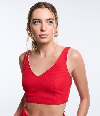 Blusa sem Manga Cropped em Viscose e Linho Dupla Face e Amarração