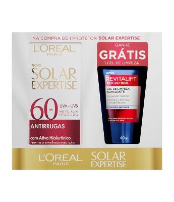 Promopack Protetor Solar L'Oréal Paris Expertise Antirrugas FPS 60 + Sabonete Facial Revitalift Pro Retinol 40g Gélito L'Oréal Paris