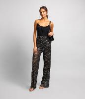 Calça Pantalona em Paetê Metalizado com Bolsos e Efeito Geométrico - 1