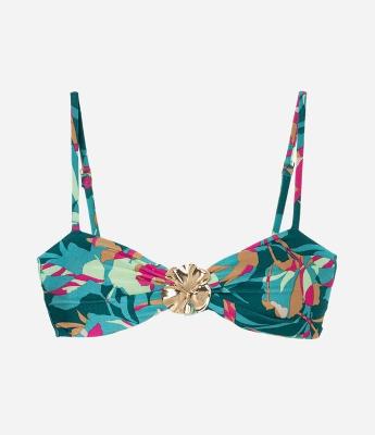 Biquíni Top Bandeau Estampado Folhagem com Flor Metalizada Aplicada