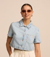 Camisa Cropped em Jeans com Bolso - 1