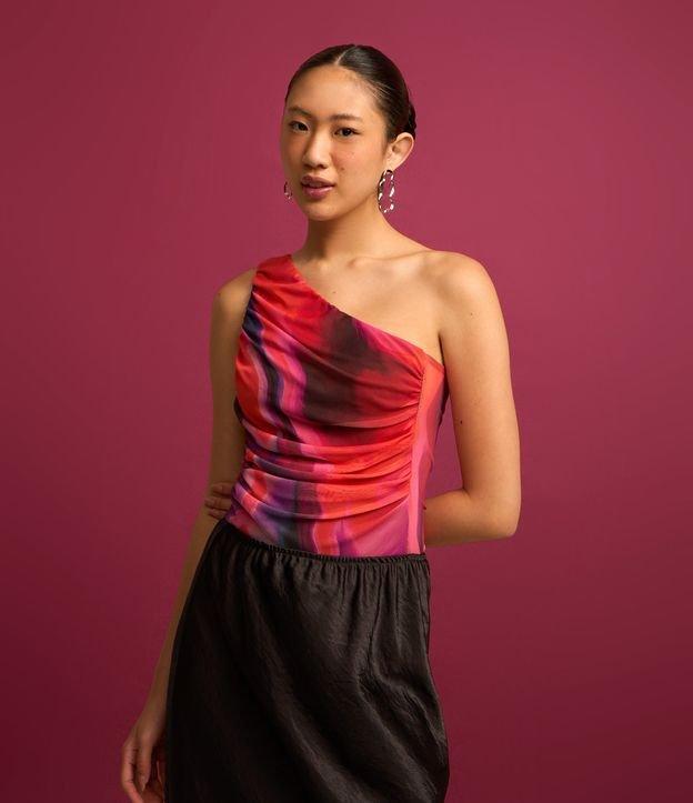 Body em Tule Estampa Abstrata com Um Ombro Só - 3