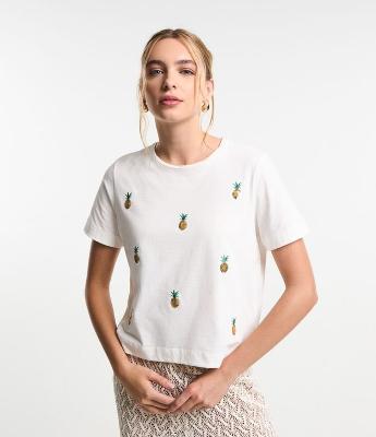 Camiseta T-shirt em Algodão com Bordado de Abacaxi em Paetês