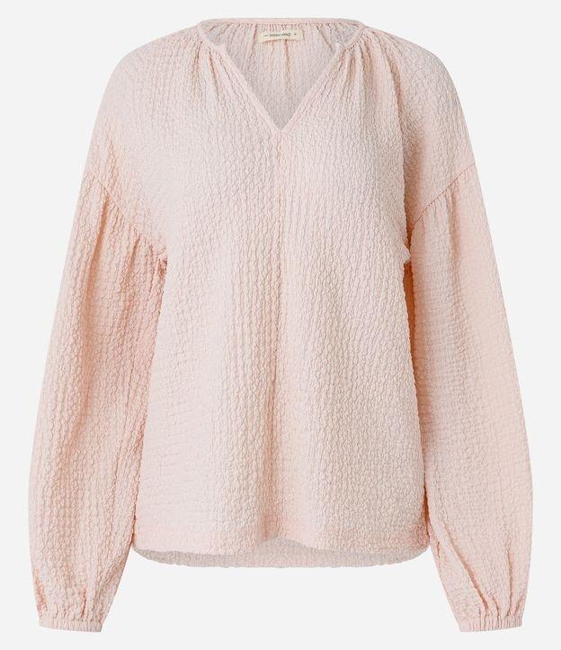 Blusa Texturizada com Gola V e Manga Bufante - 1