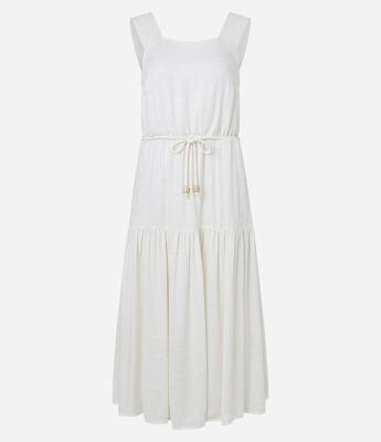 Vestido Midi Evasê Sem Manga em Viscolinho com Cinto de Cordão e Detalhes