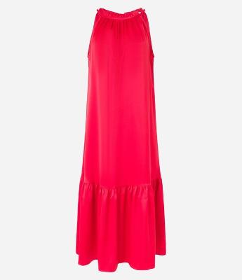Vestido Midi Acetinado com Detalhe Frufru e Sem Manga