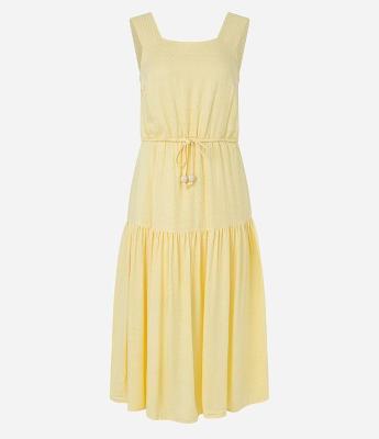 Vestido Midi Evasê Sem Manga em Viscolinho com Cinto de Cordão e Detalhes