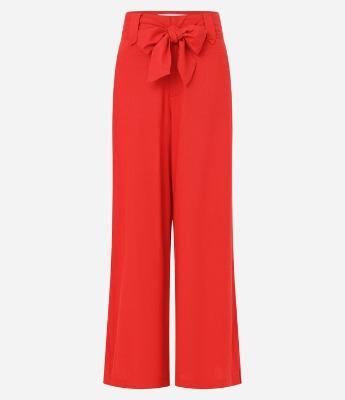 Calça Pantalona em Viscose e Linho com Laço na Cintura e Recortes