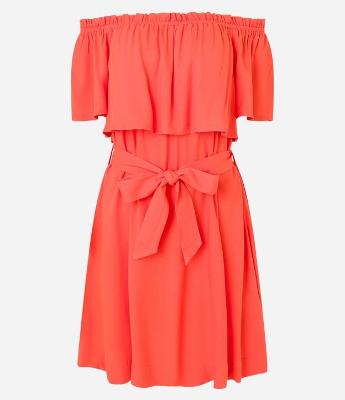 Vestido Evasê em Twill Ombro a Ombro com Amarração na Cintura